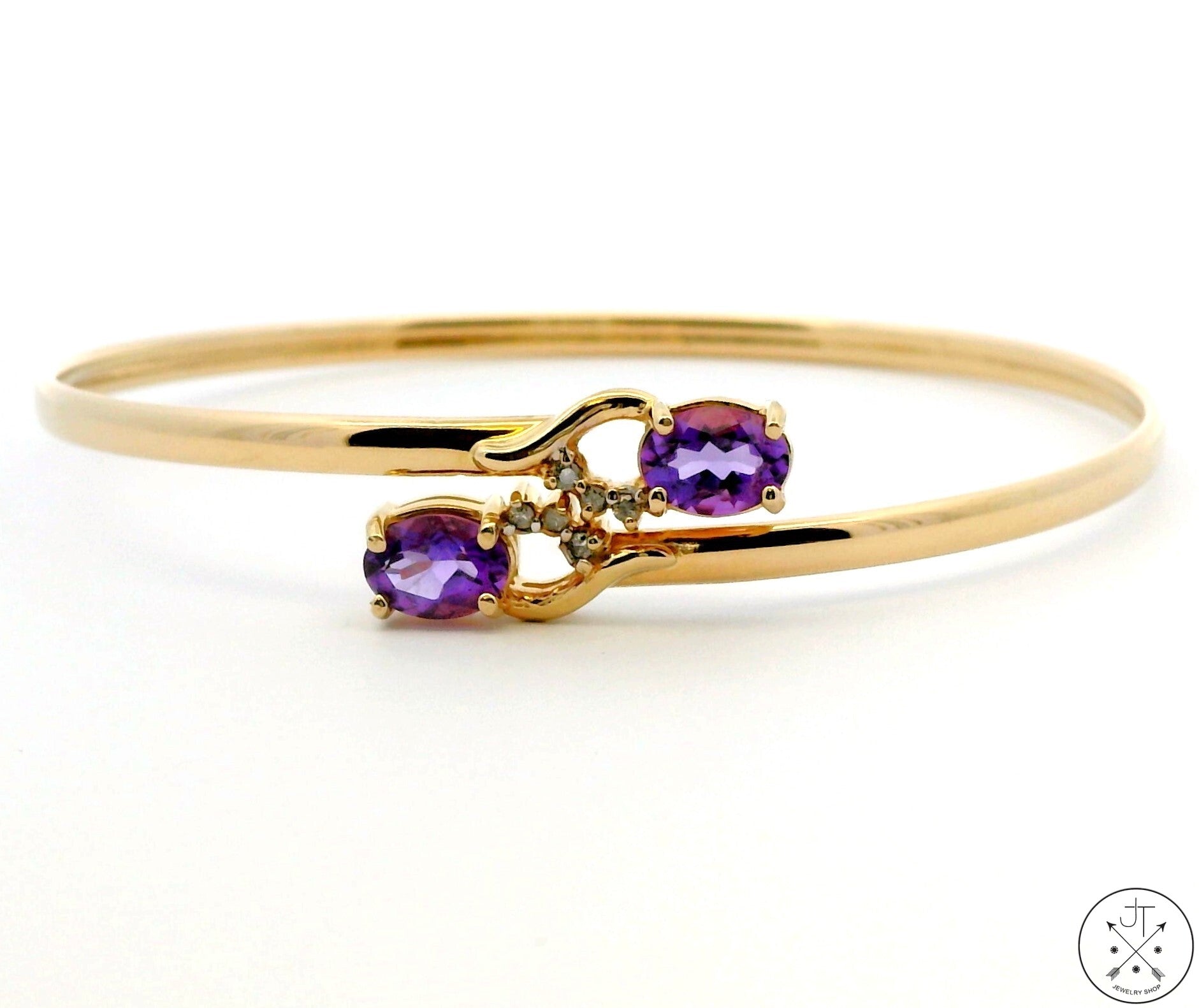 14k Yellow Gold Easy-on Bangle Amethyst and Diamond Size L/XL 7 in Bracelet Nearly New