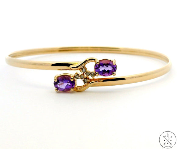 14k Yellow Gold Easy-on Bangle Amethyst and Diamond Size L/XL 7 in Bracelet Nearly New