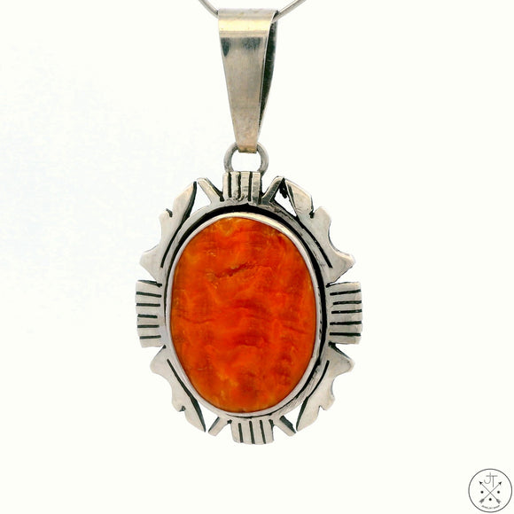 Vintage Navajo Sterling Silver Pendant Orange Spiny Oyster Signed Secatero Large Bale