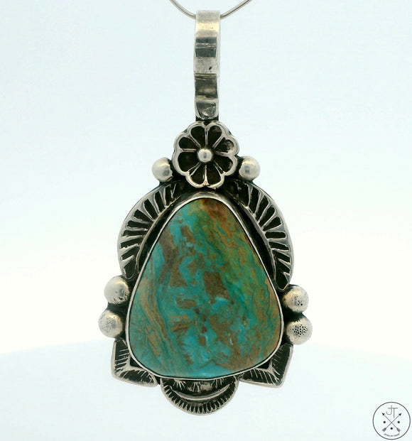 Vintage Navajo Sterling Silver Pendant with Turquoise Signed Large Hook Bale