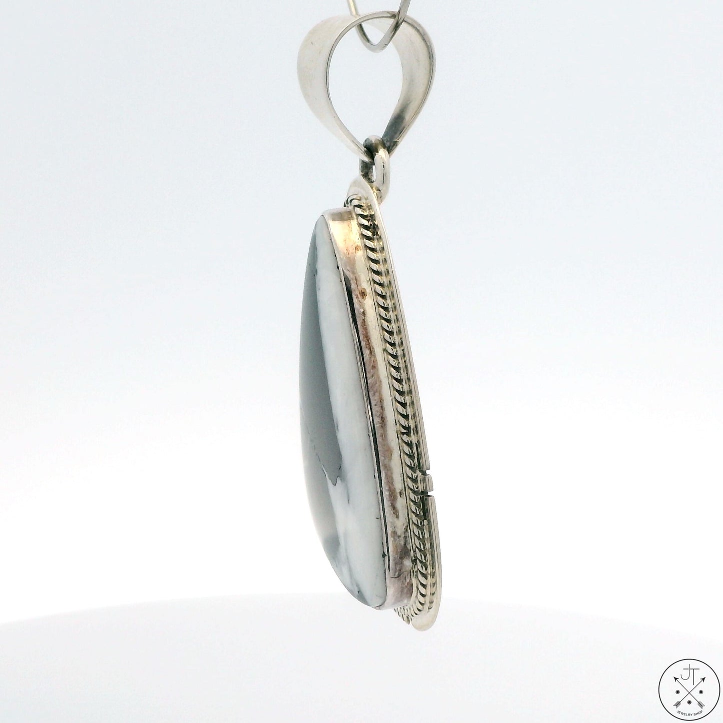 Vintage Navajo Sterling Silver Pendant with White Lightning Signed Larson Large Bale