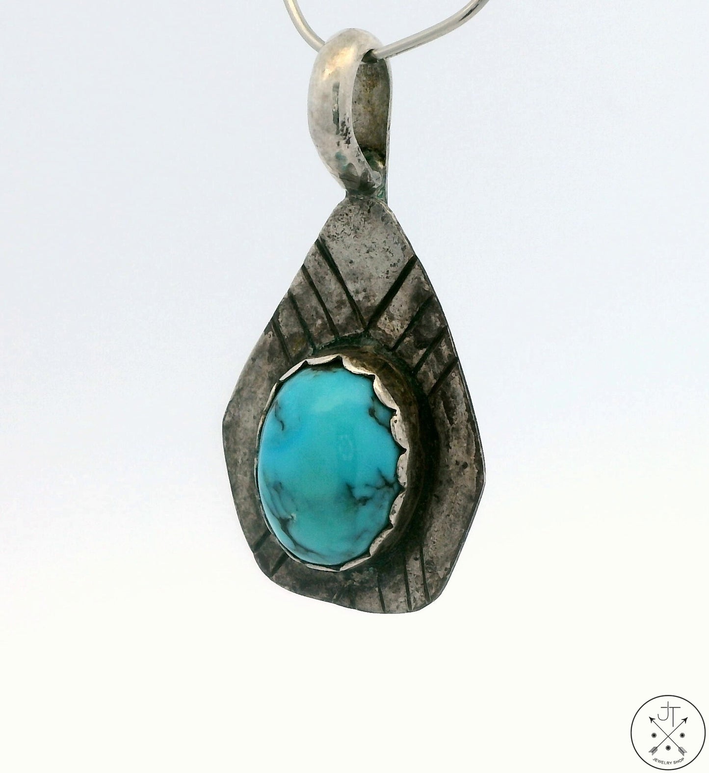 Vintage Navajo Sterling Silver Pendant with Dyer Blue Turquoise Signed T. Lee