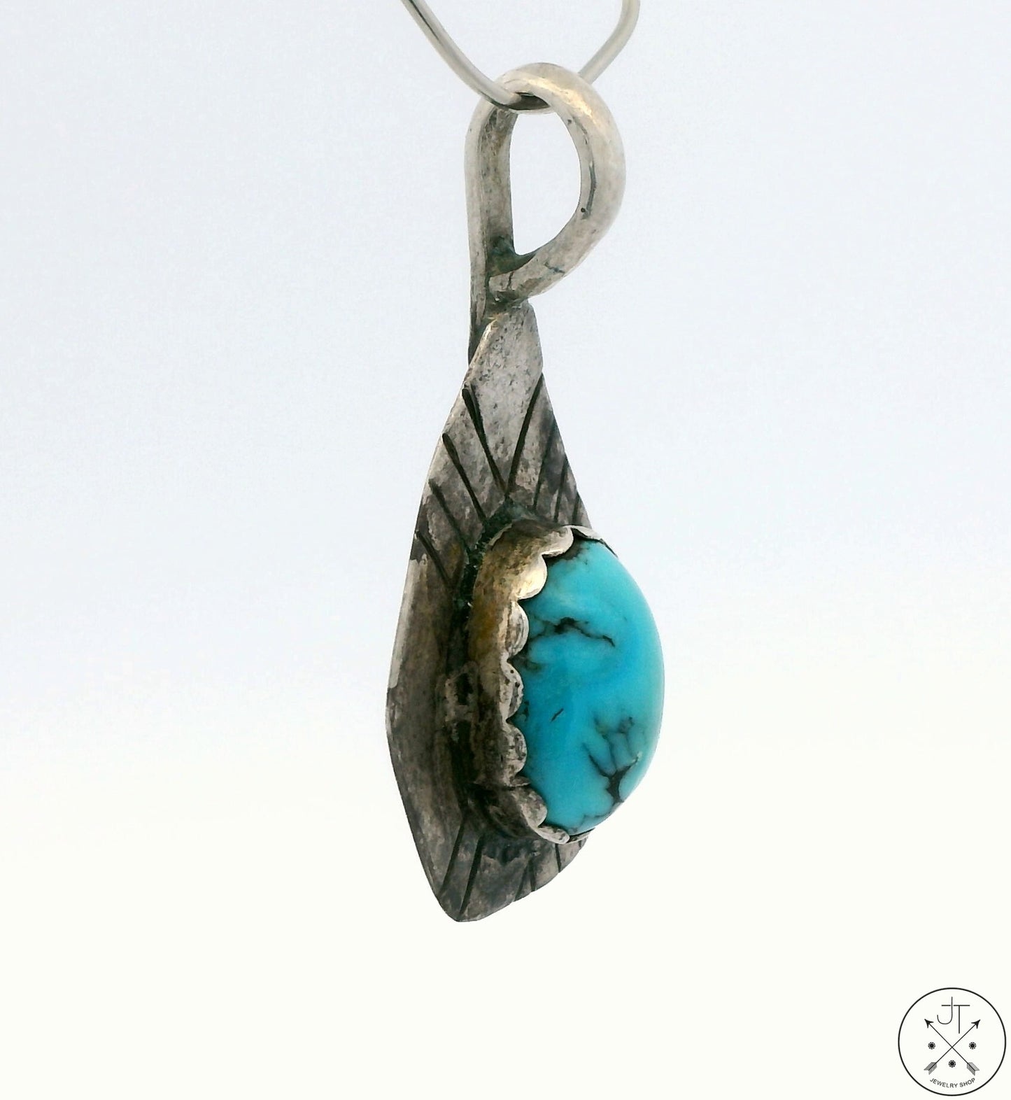 Vintage Navajo Sterling Silver Pendant with Dyer Blue Turquoise Signed T. Lee