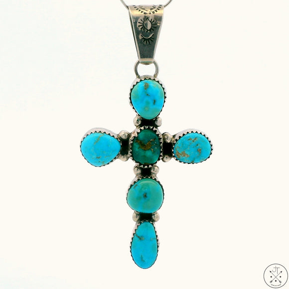 Vintage Navajo Sterling Silver Cross Pendant with Turquoise Signed