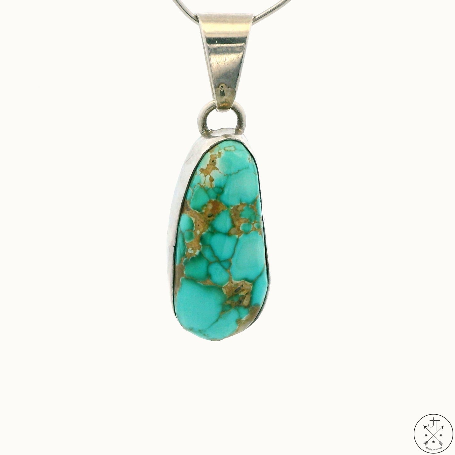 A sterling silver pendant with a blue gem mine waterweb turquoise pattern.