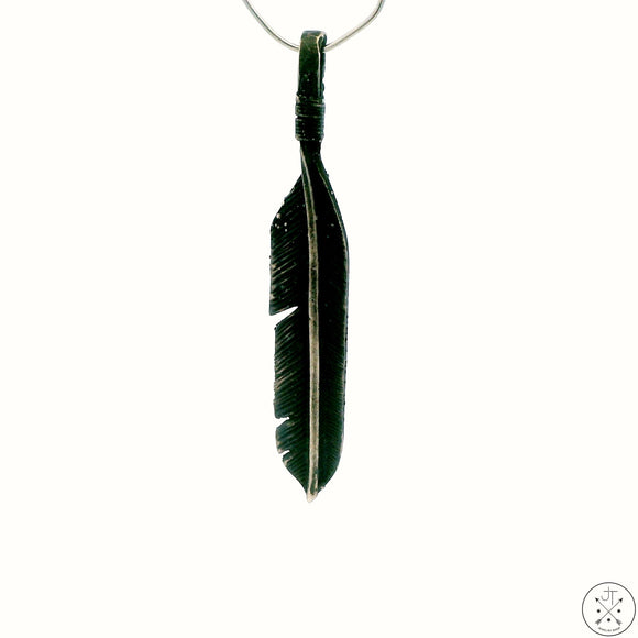 Vintage Sterling Silver Feather Pendant Dark Patina