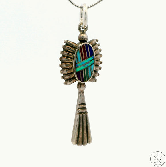 Vintage Sterling Silver Inlay Pendant Turquoise Lapis Coral