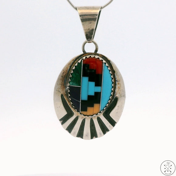 Vintage Sterling Silver Pendant with Mosaic Cabochon Turquoise Onyx Coral