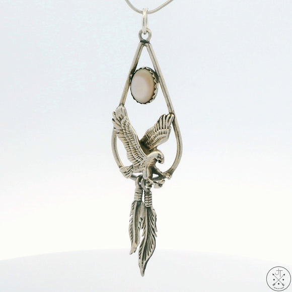 Vintage Sterling Silver Eagle Feathers Pendant Mother of Pearl IFS