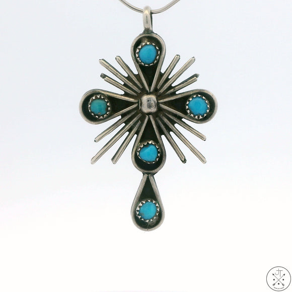 Vintage 2-Sided Sterling Silver Cross Pendant with Turquoise and Coral