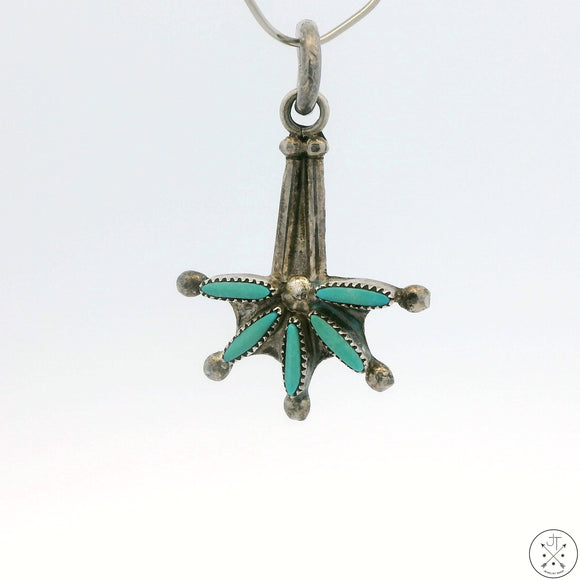 Vintage Zuni Sterling Silver Pendant with Turquoise Signed Waatsa