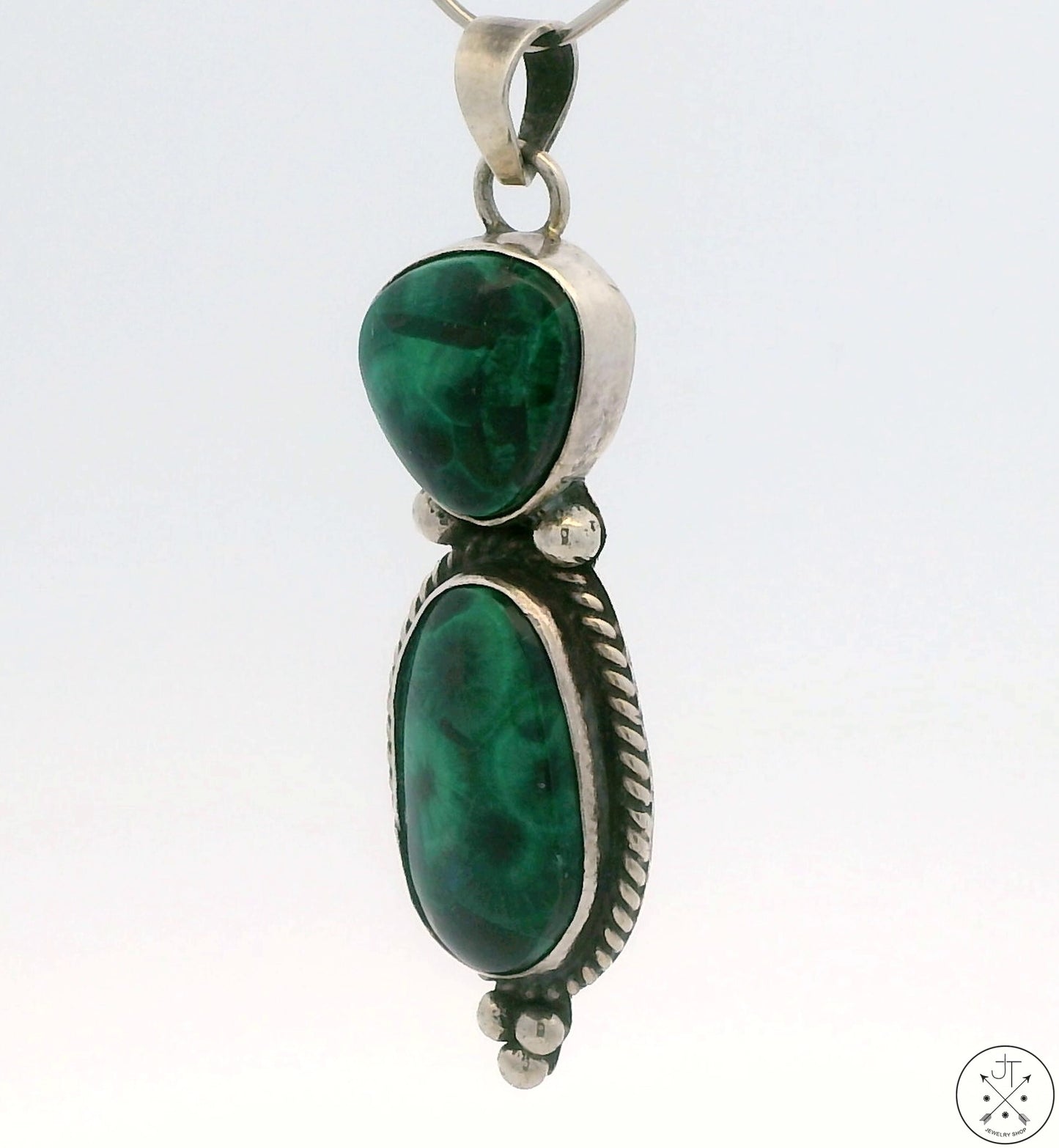 Vintage Navajo Sterling Silver Pendant with Fibrous Malachite Signed Sandoval
