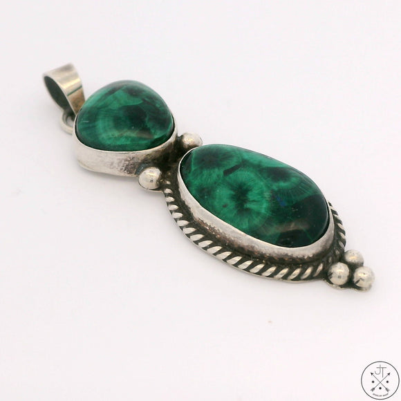 Vintage Navajo Sterling Silver Pendant with Fibrous Malachite Signed Sandoval