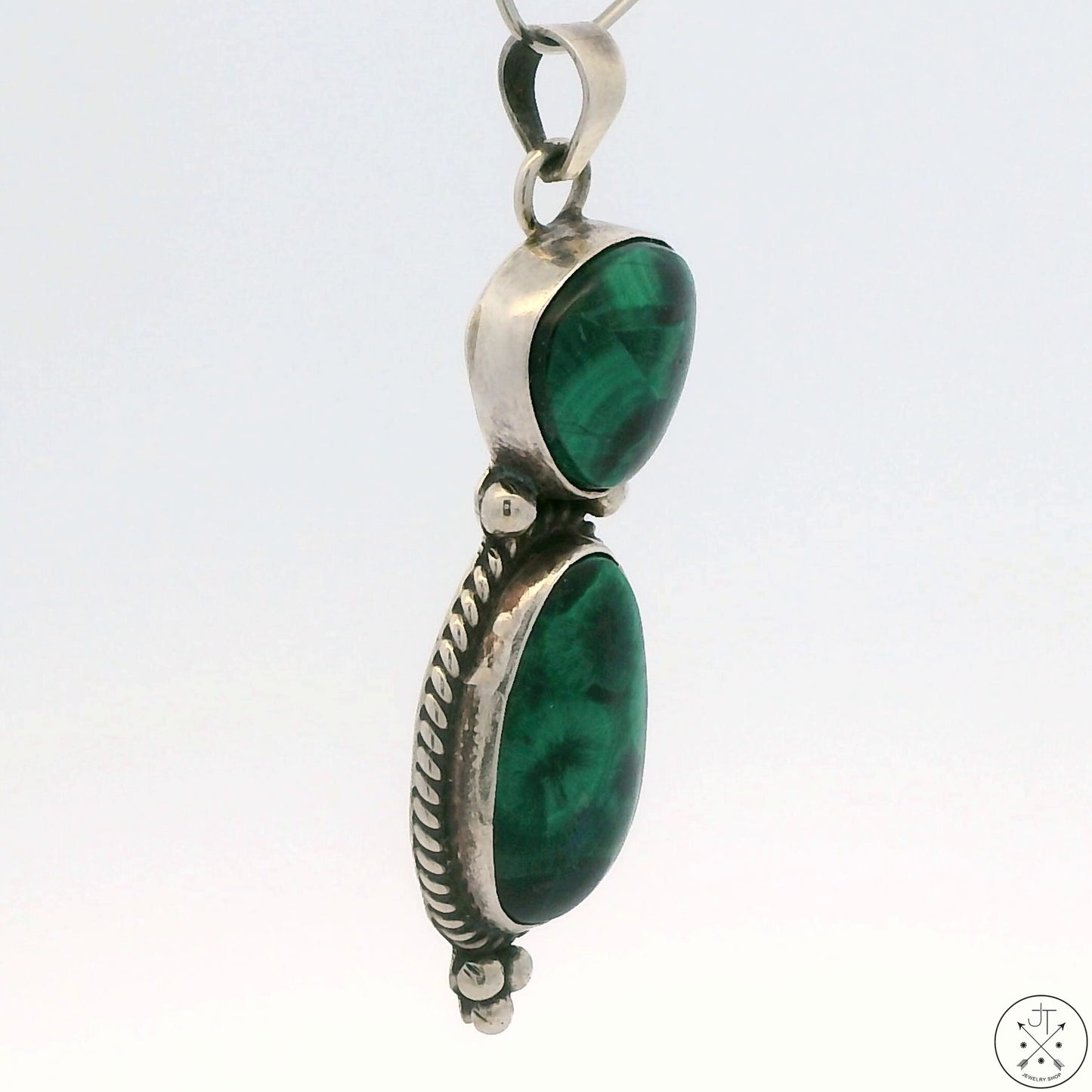 Vintage Navajo Sterling Silver Pendant with Fibrous Malachite Signed Sandoval
