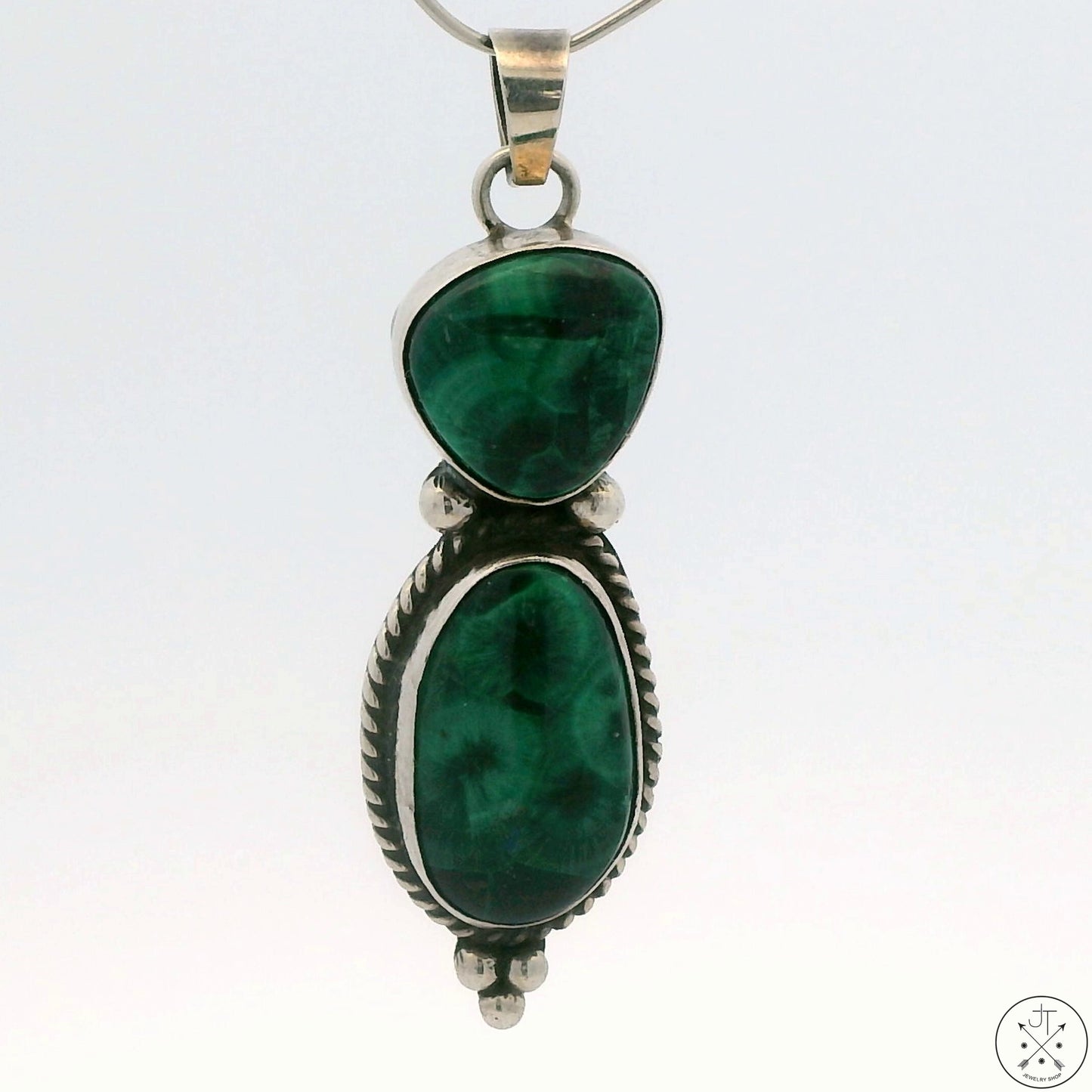 Vintage Navajo Sterling Silver Pendant with Fibrous Malachite Signed Sandoval
