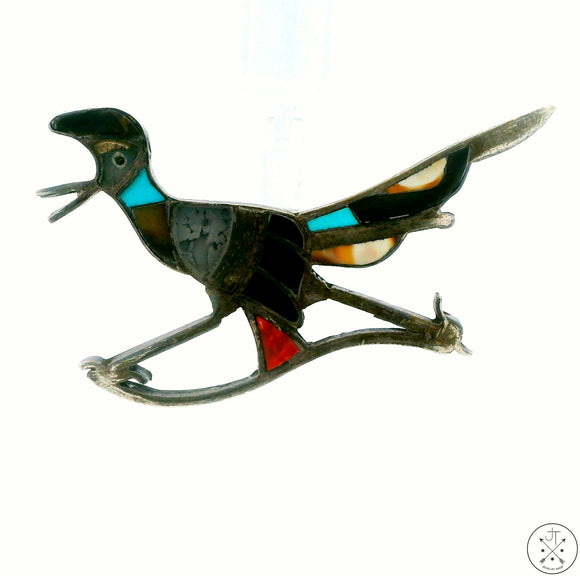 Vintage Sterling Silver Roadrunner Brooch Bird Pin Inlay Dark Patina For Repair