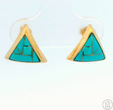 Vintage 14k Yellow Gold Stud Earrings with Turquoise Inlay Deco Style Triangle