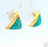 Vintage 14k Yellow Gold Stud Earrings with Turquoise Inlay Deco Style Triangle