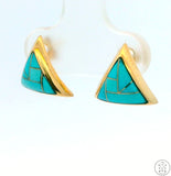 Vintage 14k Yellow Gold Stud Earrings with Turquoise Inlay Deco Style Triangle