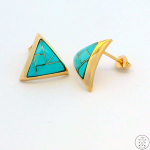 Vintage 14k Yellow Gold Stud Earrings with Turquoise Inlay Deco Style Triangle