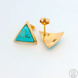 Vintage 14k Yellow Gold Stud Earrings with Turquoise Inlay Deco Style Triangle