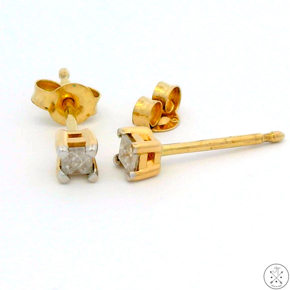 Vintage 14k Yellow Gold Stud Earrings with 1/10 ctw Natural Diamonds Princess Cut