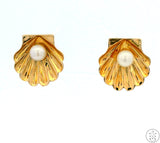 Vintage 14k Yellow Gold Stud Earrings Shell with Pearl