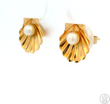 Vintage 14k Yellow Gold Stud Earrings Shell with Pearl