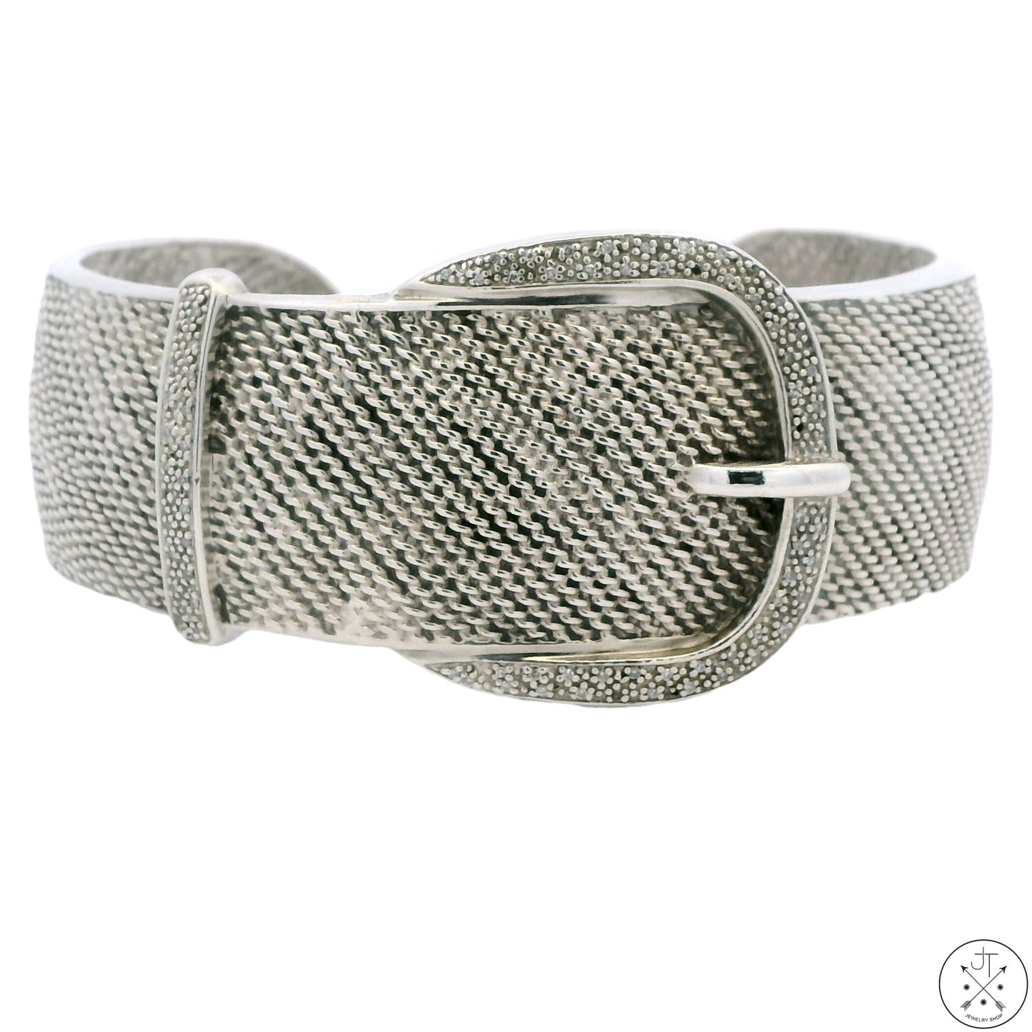 Vintage sterling silver cuff bracelet with a wide belt buckle design and adorned with diamonds.