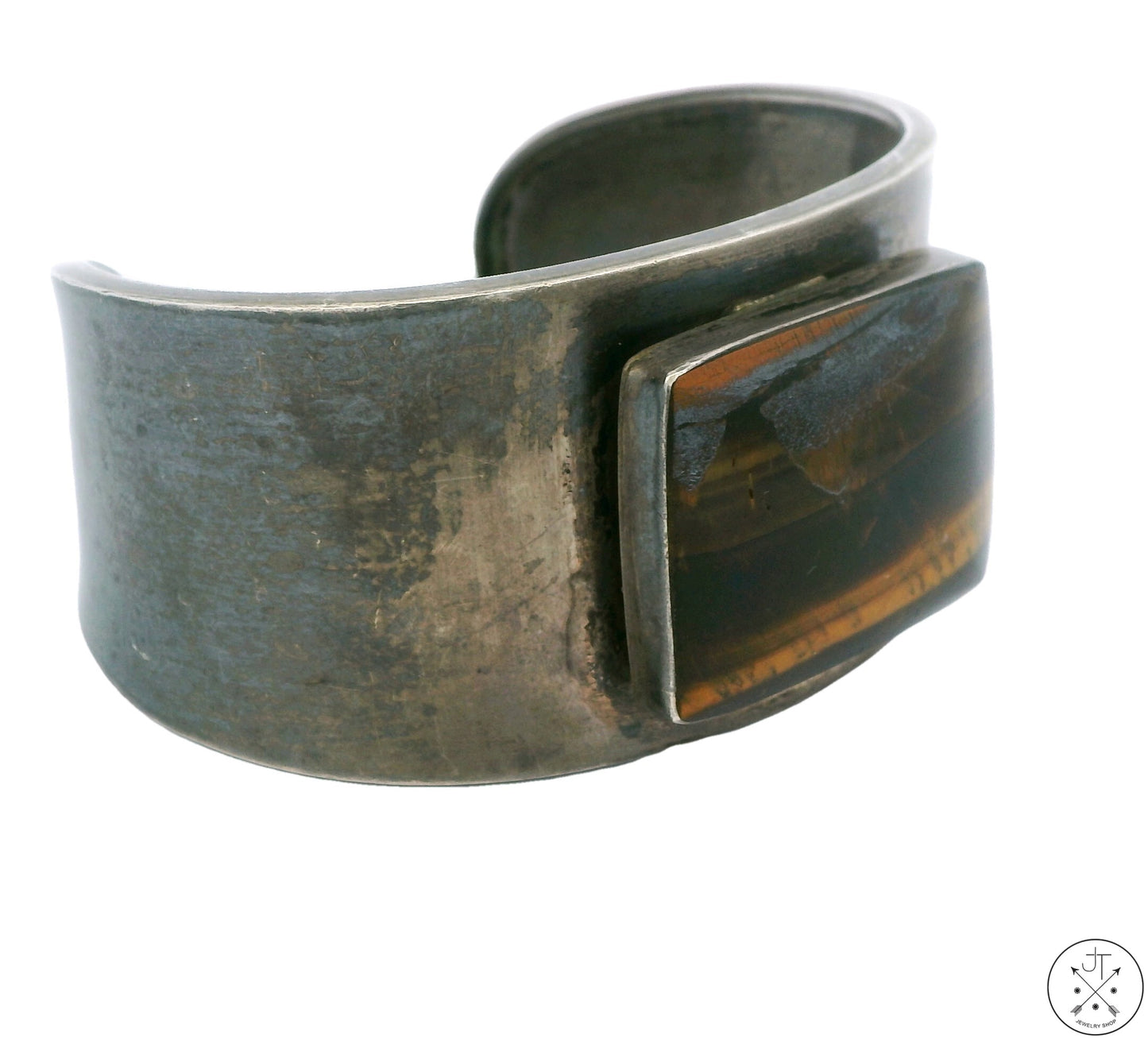 Vintage Sterling Silver Cuff Bracelet Tigers Eye 5.7 Inch Size Small