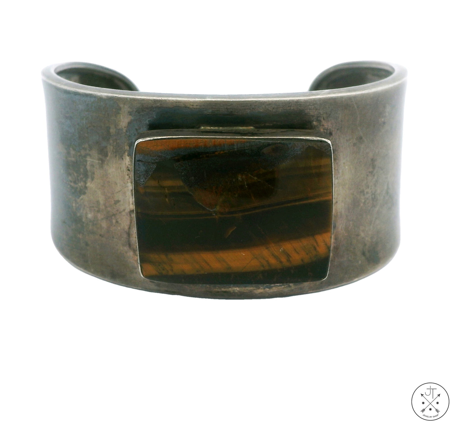 Vintage Sterling Silver Cuff Bracelet Tigers Eye 5.7 Inch Size Small