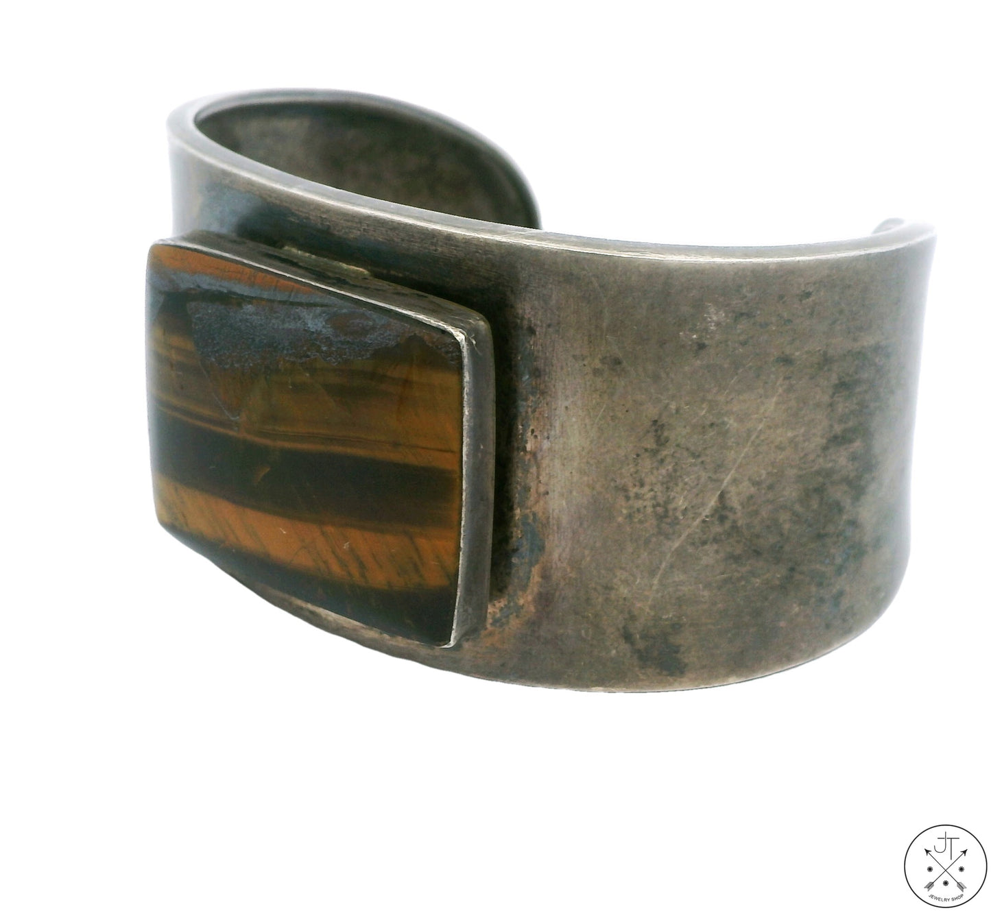 Vintage Sterling Silver Cuff Bracelet Tigers Eye 5.7 Inch Size Small