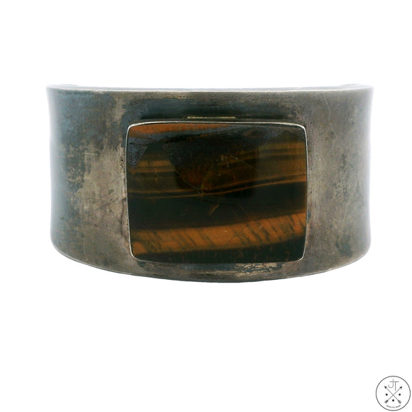 Vintage Sterling Silver Cuff Bracelet Tigers Eye 5.7 Inch Size Small