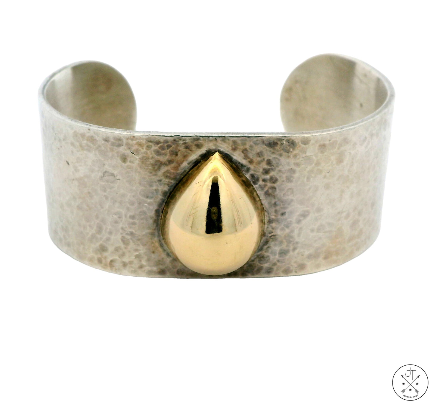 Vintage Hammered Sterling Silver & 14k Gold 1 Inch Wide Cuff Blackinton 6.4 inch