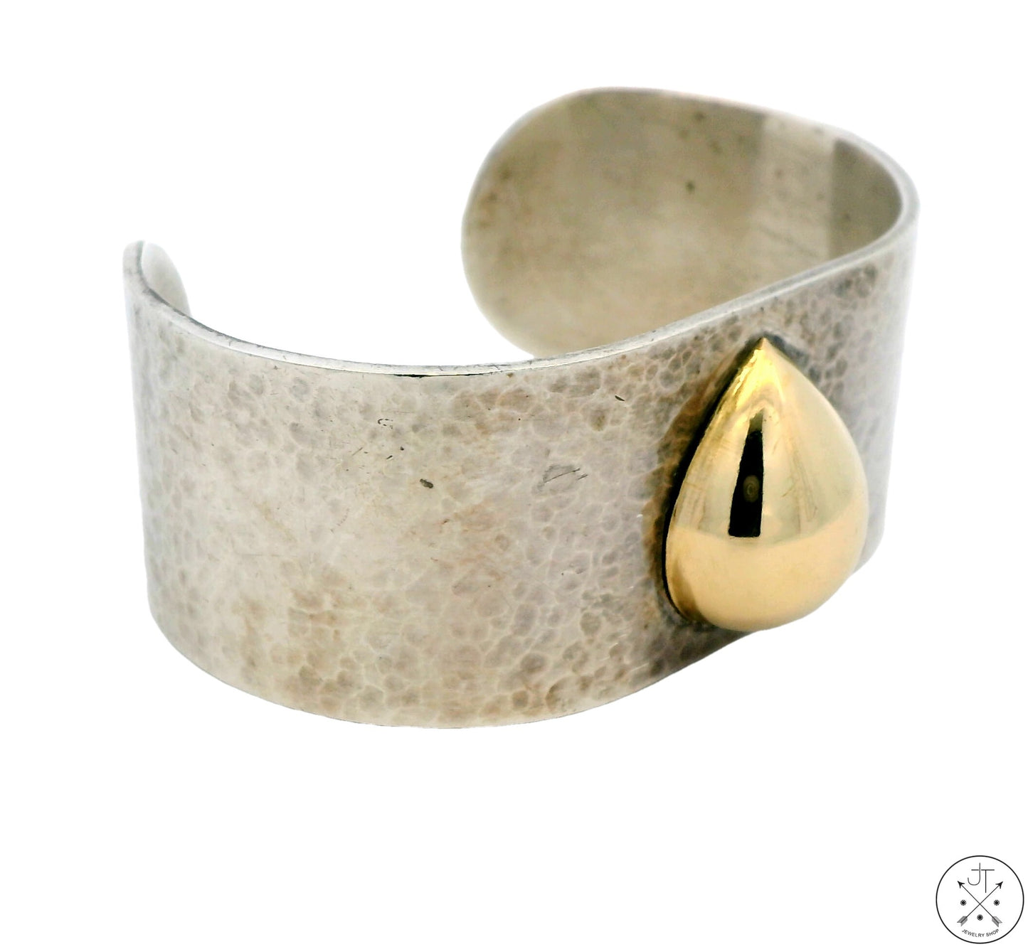 Vintage Hammered Sterling Silver & 14k Gold 1 Inch Wide Cuff Blackinton 6.4 inch