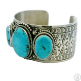 Vintage Navajo Sterling Silver 1.5 in Wide Cuff Bracelet Bisbee Turquoise 7.5 Inch Signed