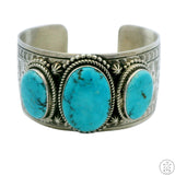 Vintage Navajo Sterling Silver 1.5 in Wide Cuff Bracelet Bisbee Turquoise 7.5 Inch Signed