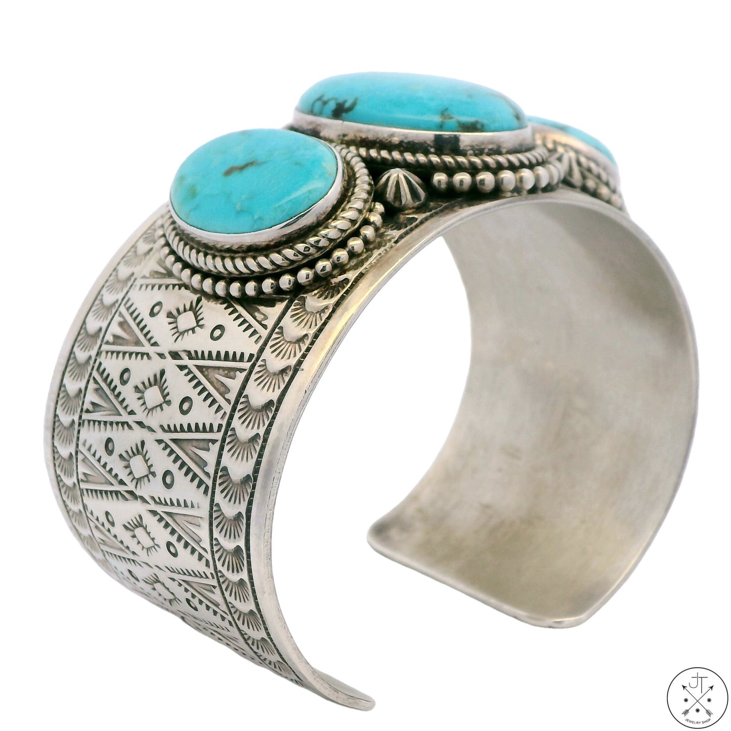 Vintage Navajo Sterling Silver 1.5 in Wide Cuff Bracelet Bisbee Turquoise 7.5 Inch Signed