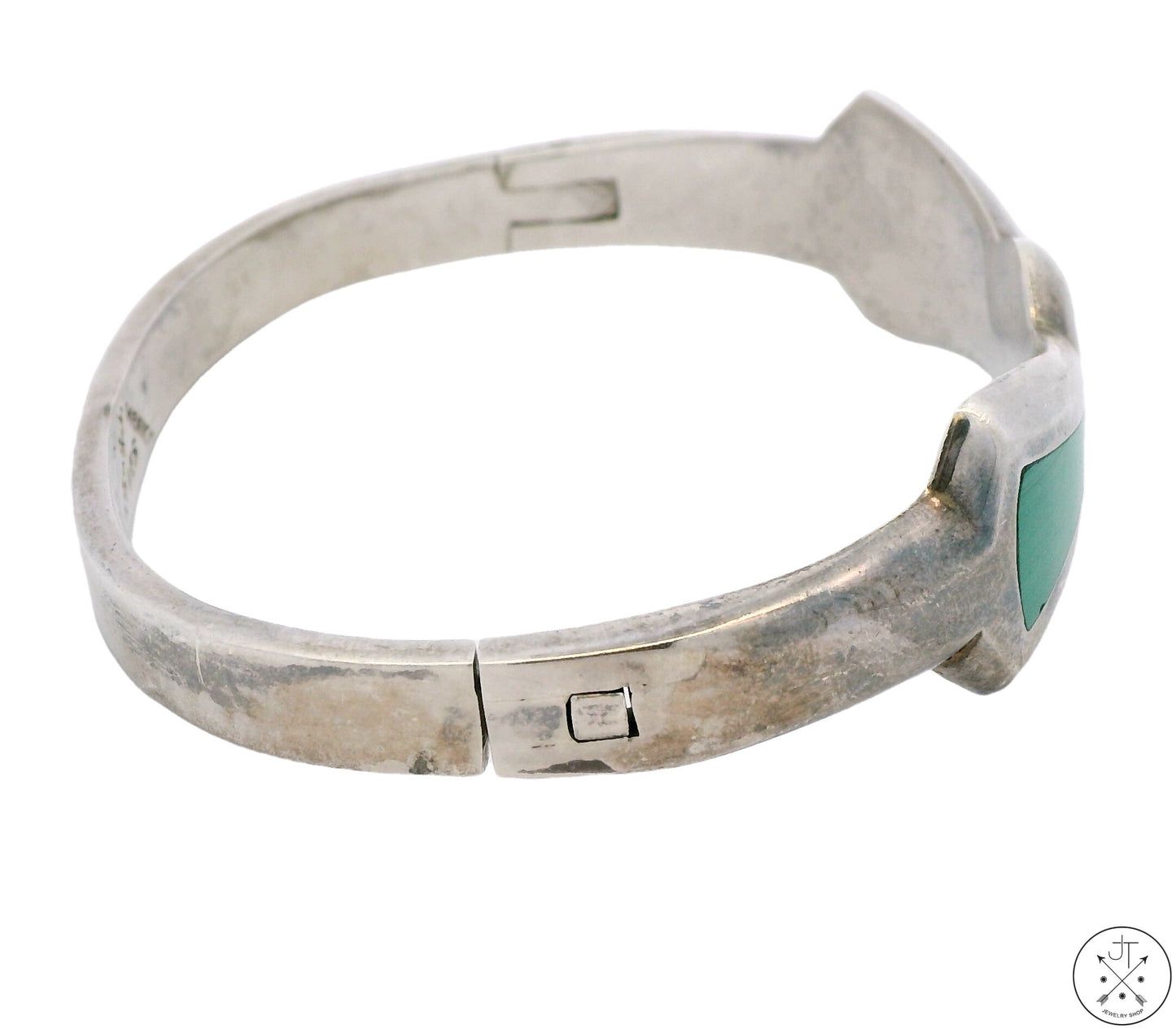 Vintage Sterling Silver Hinged Bangle Bracelet with Malachite 7 Inch