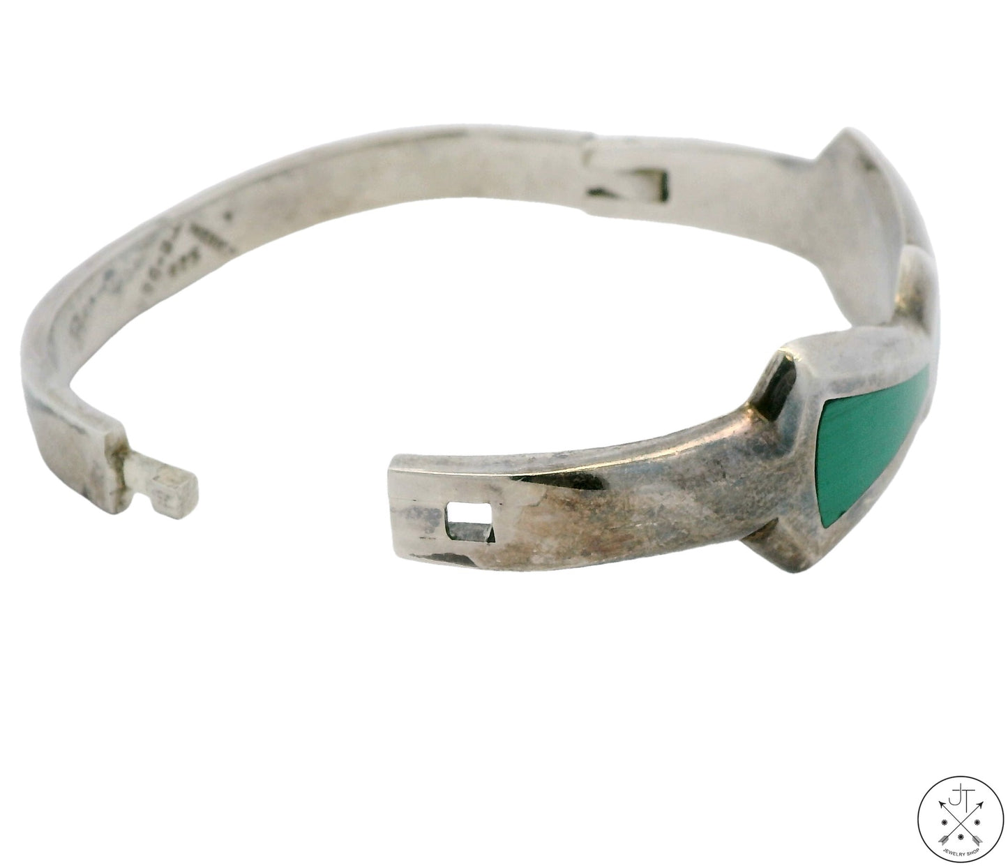 Vintage Sterling Silver Hinged Bangle Bracelet with Malachite 7 Inch