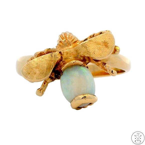 Vintage 14k Yellow Gold Bee Ring with Opal Size 8