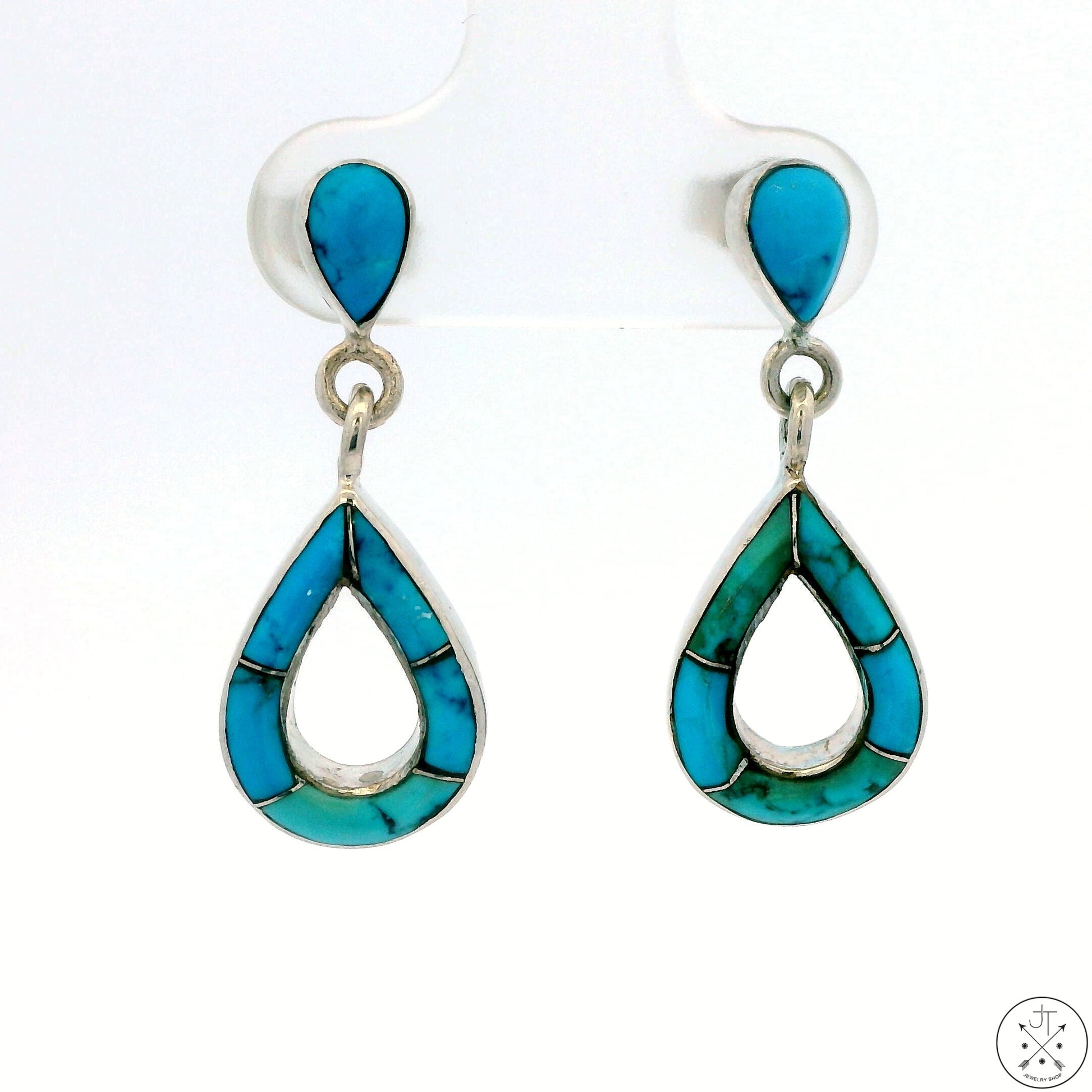 New, old stock, Sterling Silver Inlay Stud Dangle Earrings with Turquoise