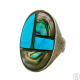 Vintage Sterling Silver Mens Ring with Turquoise and Abalone Size 10.75