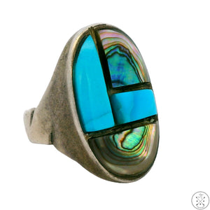 Vintage Sterling Silver Mens Ring with Turquoise and Abalone Size 10.75