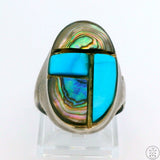 Vintage Sterling Silver Mens Ring with Turquoise and Abalone Size 10.75