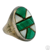 Vintage Sterling Silver Mens Ring with Malachite and Mother of Pearl Size 11