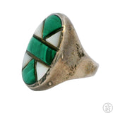 Vintage Sterling Silver Mens Ring with Malachite and Mother of Pearl Size 11