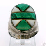 Vintage Sterling Silver Mens Ring with Malachite and Mother of Pearl Size 11