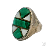 Vintage Sterling Silver Mens Ring with Malachite and Mother of Pearl Size 11