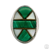 Vintage Sterling Silver Mens Ring with Malachite and Mother of Pearl Size 11